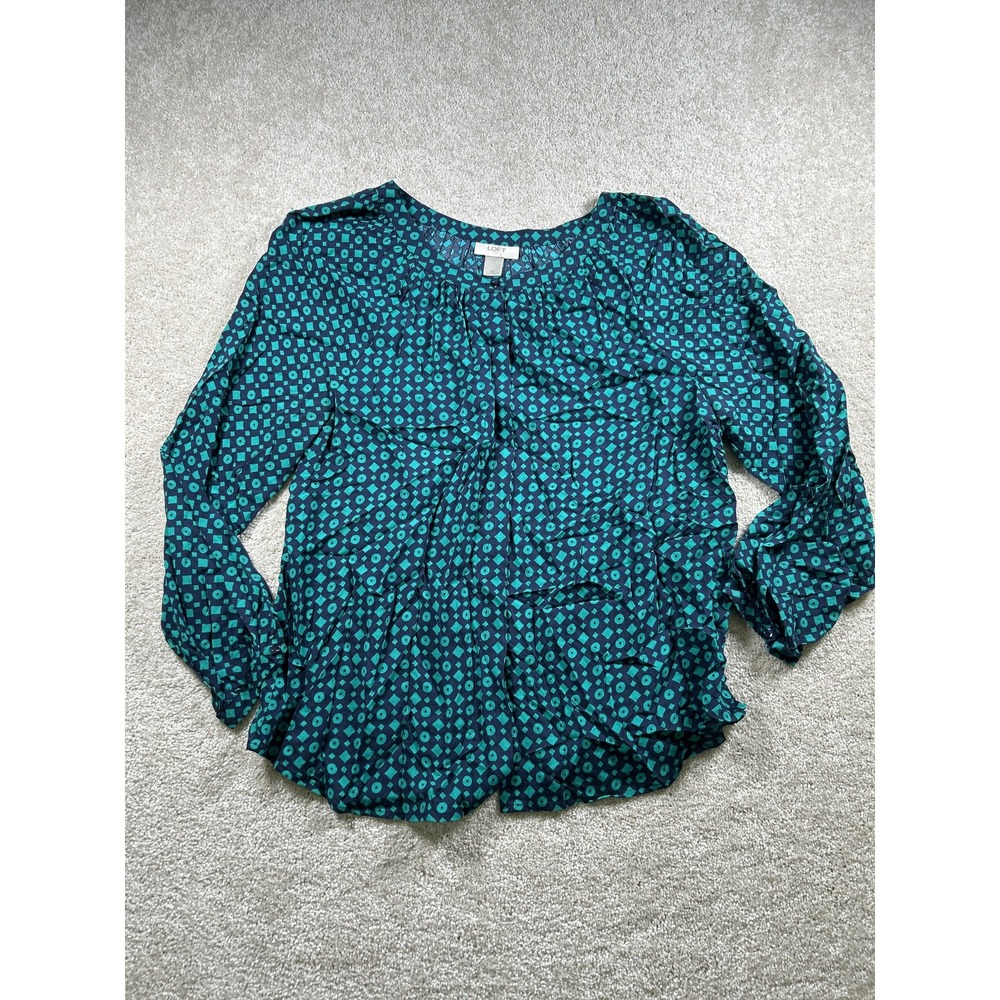 LOFT Blouse Womens Medium Blue Green Geometric‎ Print Long Sleeve Rayon Top Work